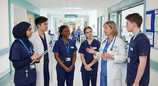 A consultant talking with a group of medical students on a hospital ward.